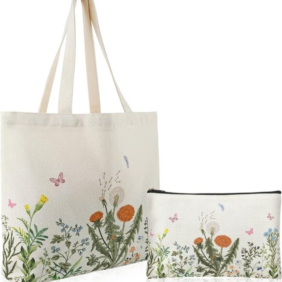 2 Pcs Canvas Tote Bags with Zipper - Aesthetic Floral Vintage Flower Plant - Picture 1 of 7